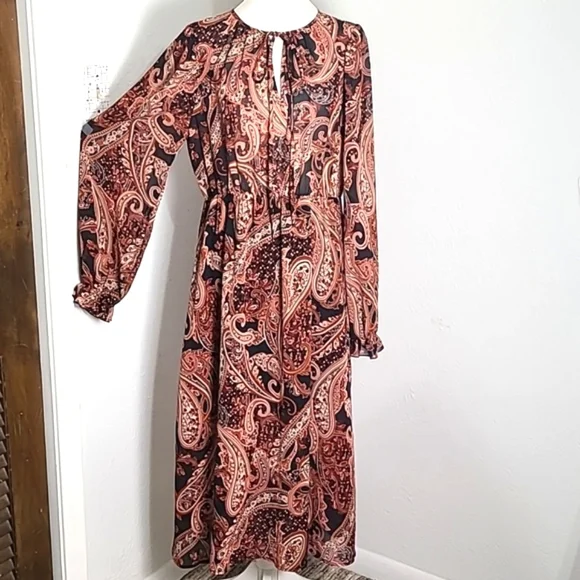 Shein Rust & Black Paisley Midi-Dress, Wide Belt, Bishop Sleeves Sz 12,XL, NWOT - Picture 4 of 13
